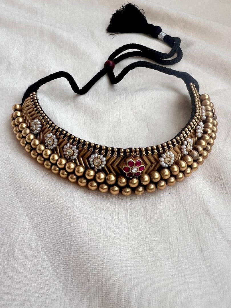 Antique style gold polish black thread thussi with kundan and ruby motifs-Silver Neckpiece-CI-House of Taamara