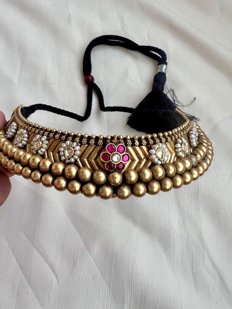Antique style gold polish black thread thussi with kundan and ruby motifs-Silver Neckpiece-CI-House of Taamara