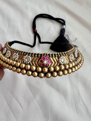 Antique style gold polish black thread thussi with kundan and ruby motifs-Silver Neckpiece-CI-House of Taamara