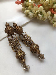 Antique style gundu bead long earrings with pearls bunch-Earrings-PL-House of Taamara