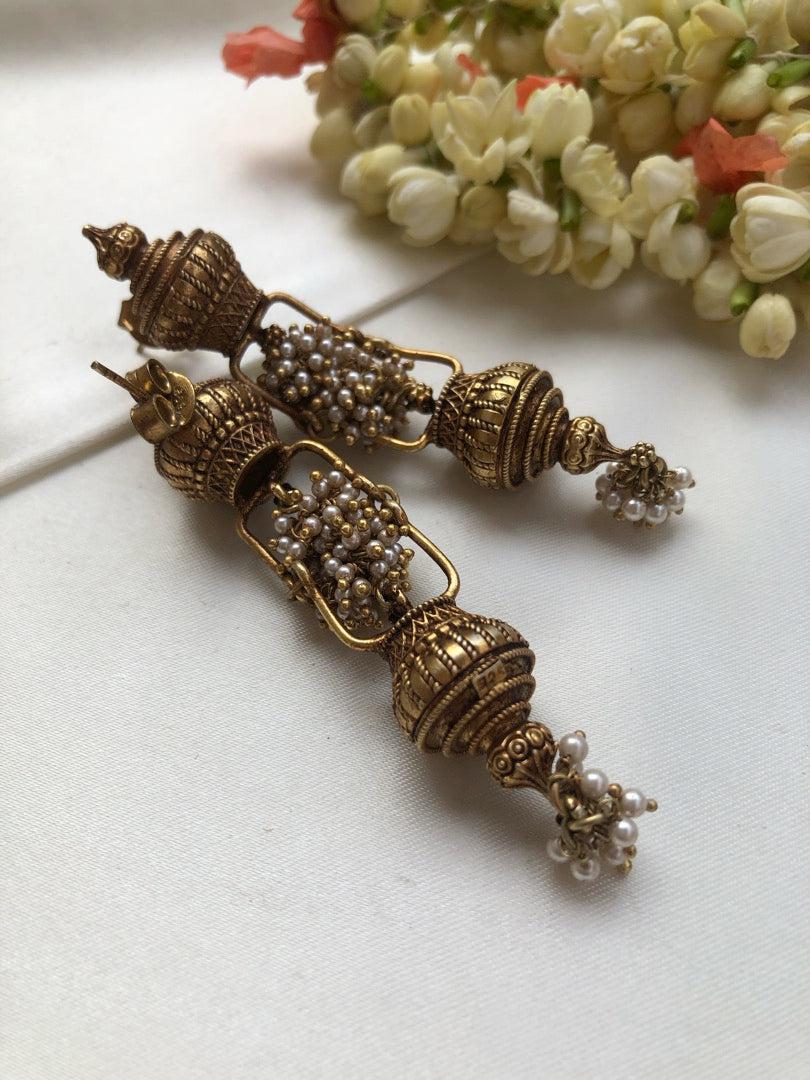 Antique style gundu bead long earrings with pearls bunch-Earrings-PL-House of Taamara