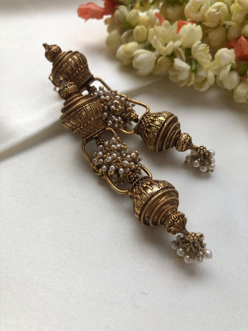 Antique style gundu bead long earrings with pearls bunch-Earrings-PL-House of Taamara