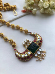 Antique style gundu beads with jade kundan pendant-Silver Neckpiece-PL-House of Taamara
