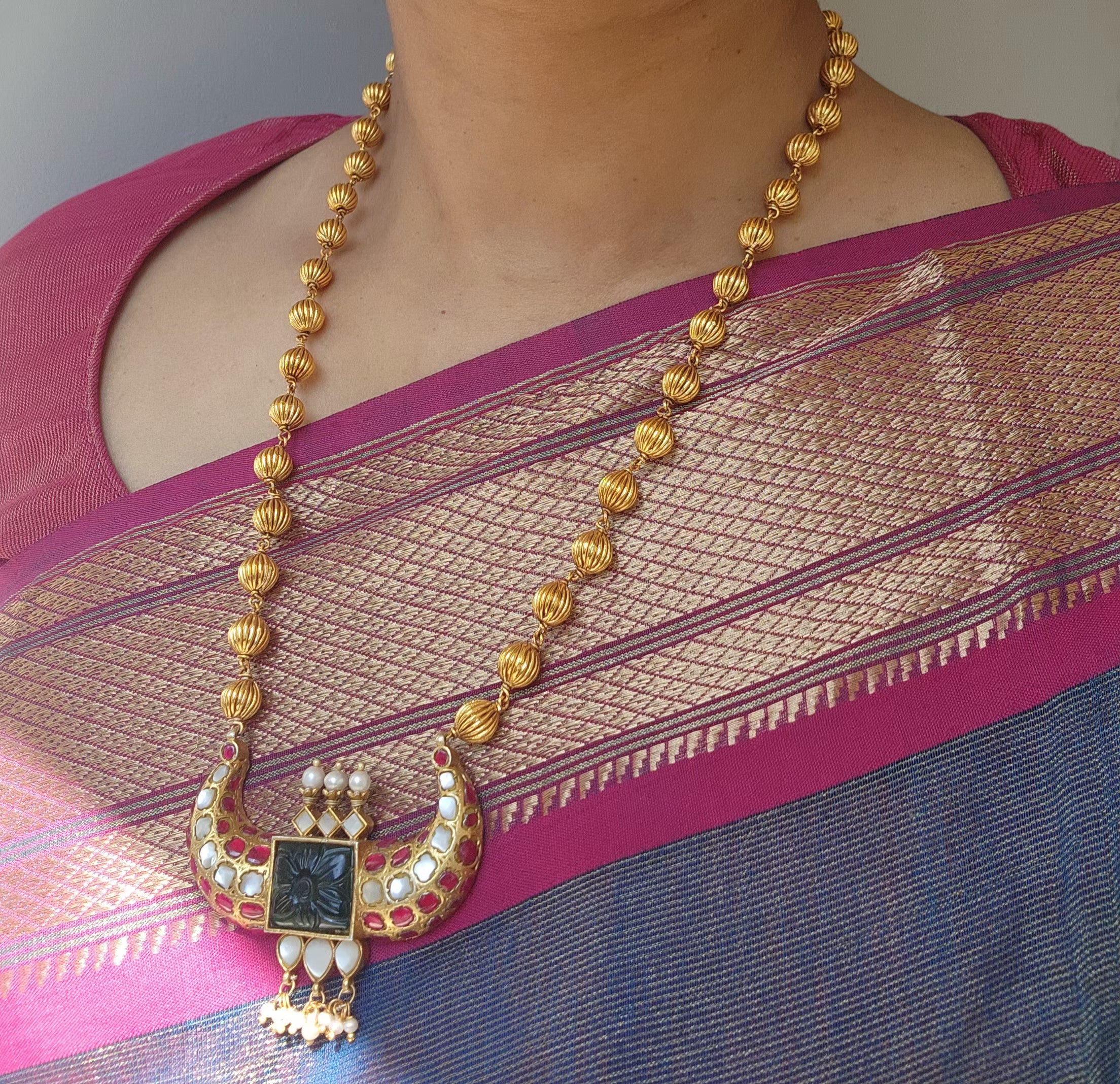 Antique style gundu beads with jade kundan pendant-Silver Neckpiece-PL-House of Taamara