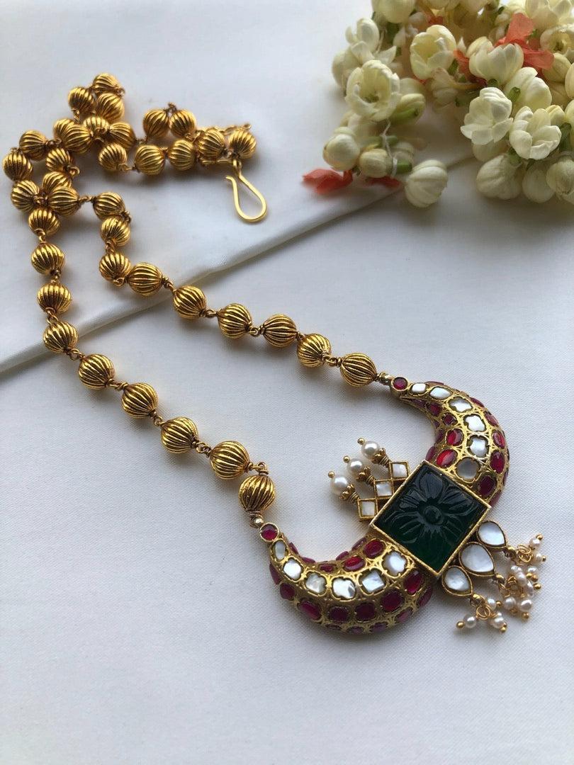Antique style gundu beads with jade kundan pendant-Silver Neckpiece-PL-House of Taamara