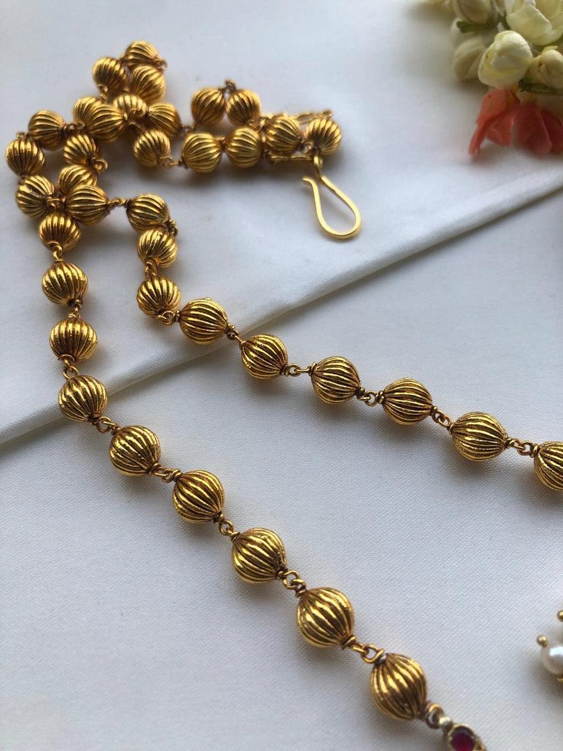 Antique style gundu beads with jade kundan pendant-Silver Neckpiece-PL-House of Taamara