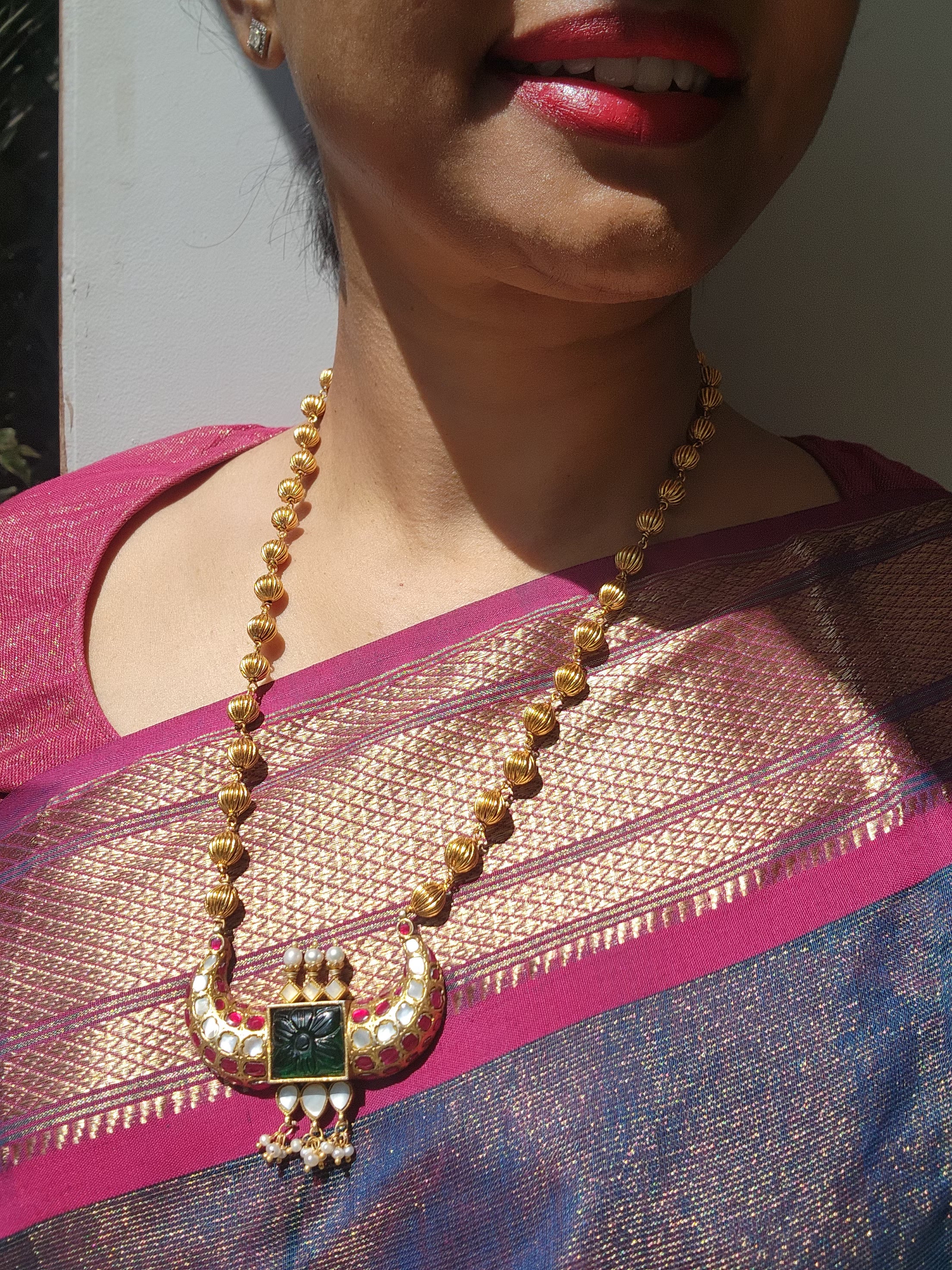 Antique style gundu beads with jade kundan pendant-Silver Neckpiece-PL-House of Taamara