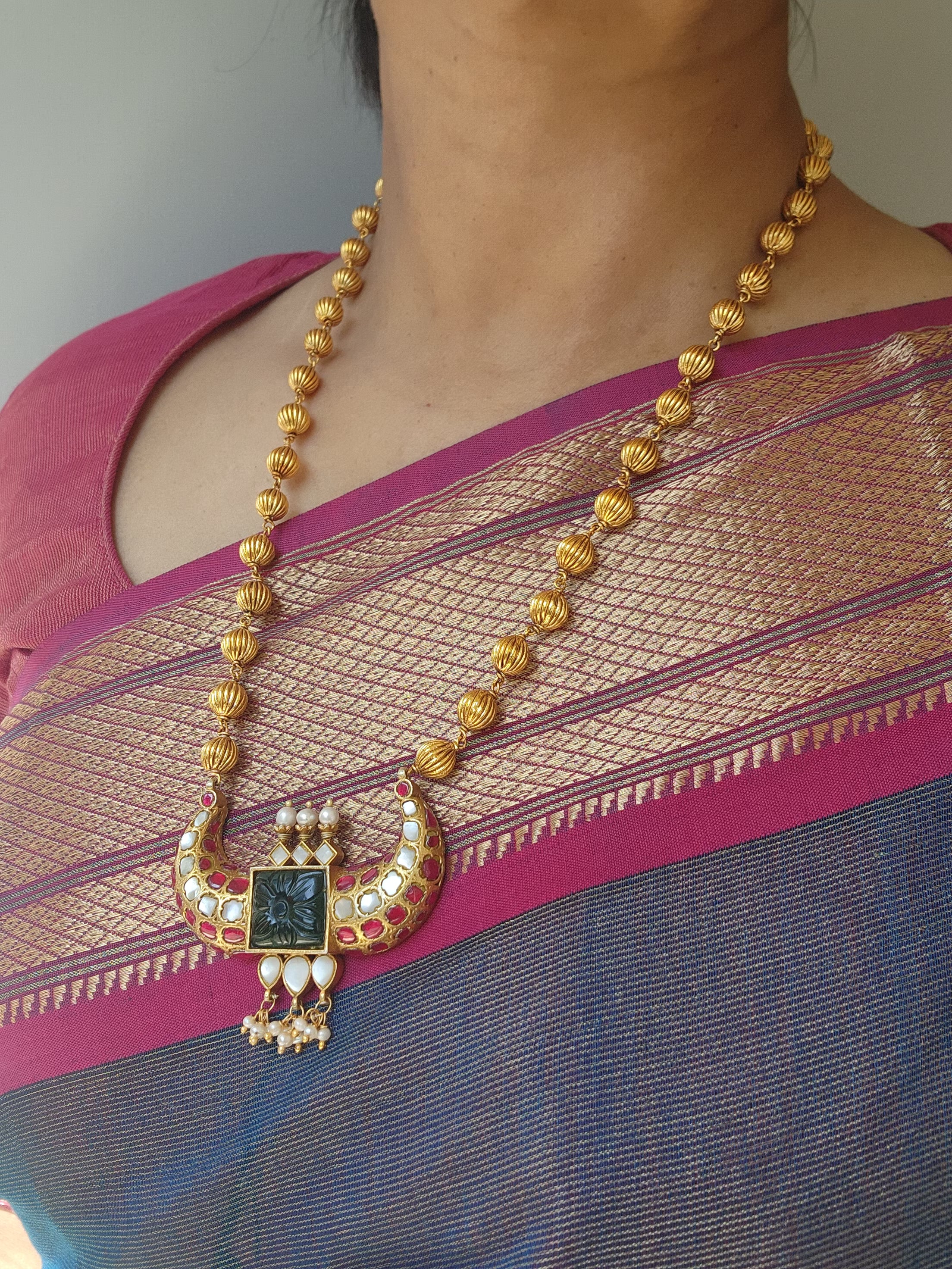 Antique style gundu beads with jade kundan pendant-Silver Neckpiece-PL-House of Taamara