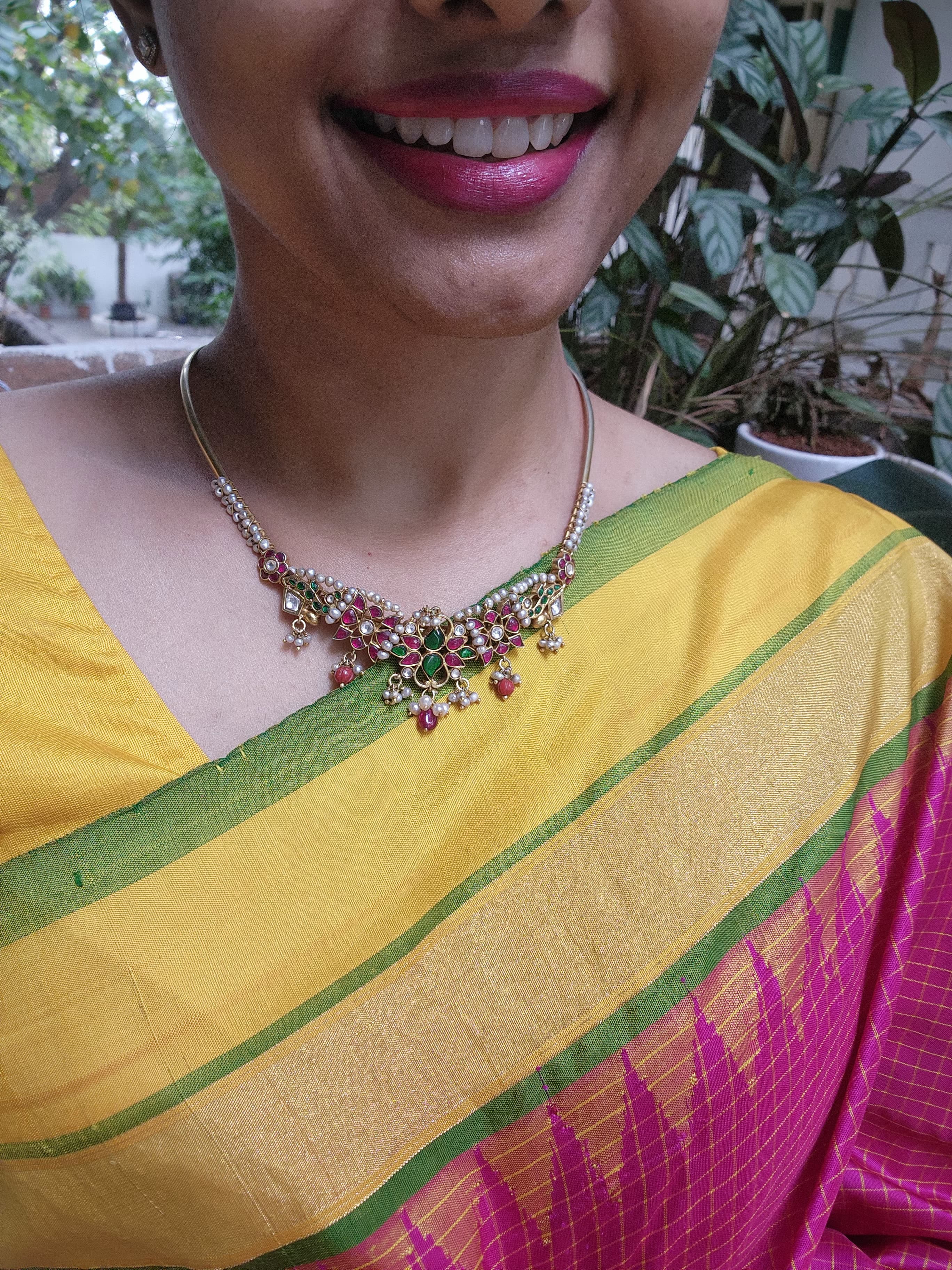 Antique style hasli with kundan, ruby & emerald pendant and pearls-Silver Neckpiece-CI-House of Taamara