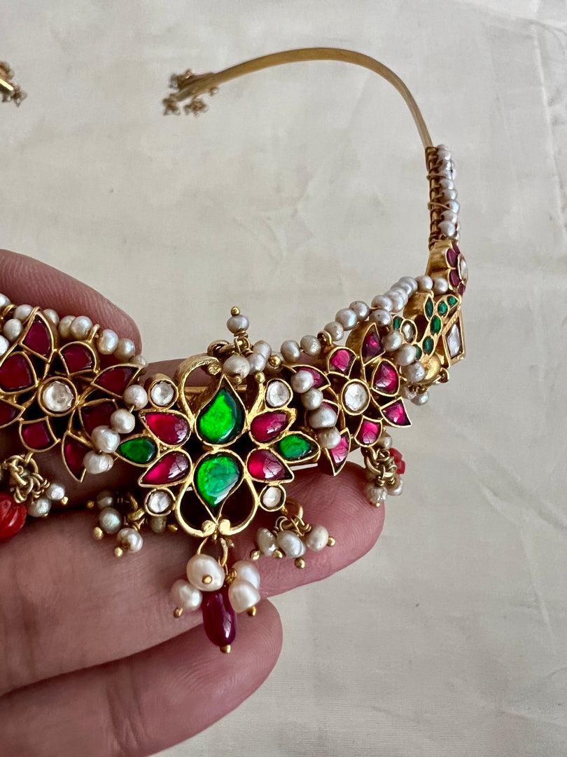 Antique style hasli with kundan, ruby & emerald pendant and pearls-Silver Neckpiece-CI-House of Taamara