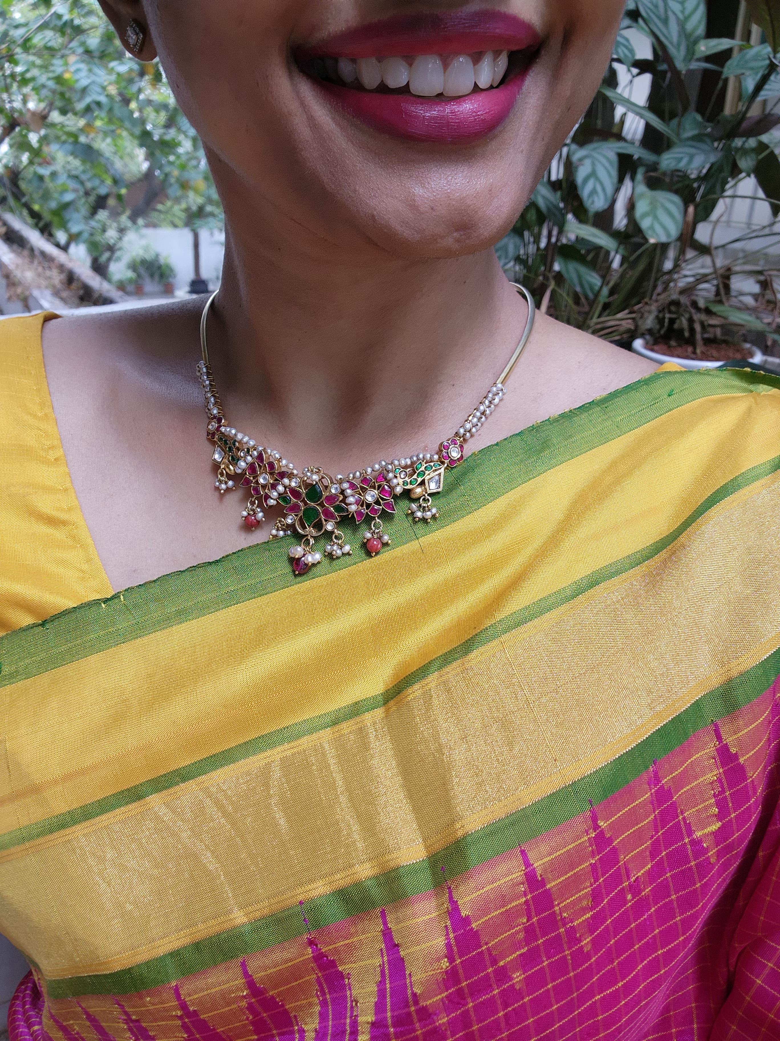 Antique style hasli with kundan, ruby & emerald pendant and pearls-Silver Neckpiece-CI-House of Taamara