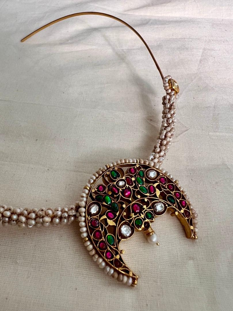 Antique style hasli with kundan, ruby & emerald pendant and pearls-Silver Neckpiece-CI-House of Taamara