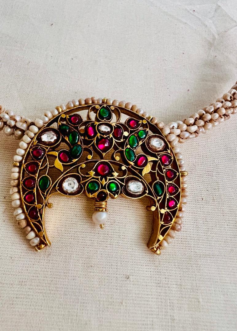 Antique style hasli with kundan, ruby & emerald pendant and pearls-Silver Neckpiece-CI-House of Taamara