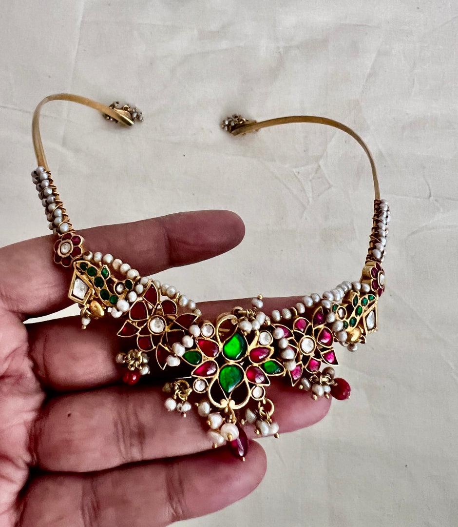 Antique style hasli with kundan, ruby & emerald pendant and pearls-Silver Neckpiece-CI-House of Taamara