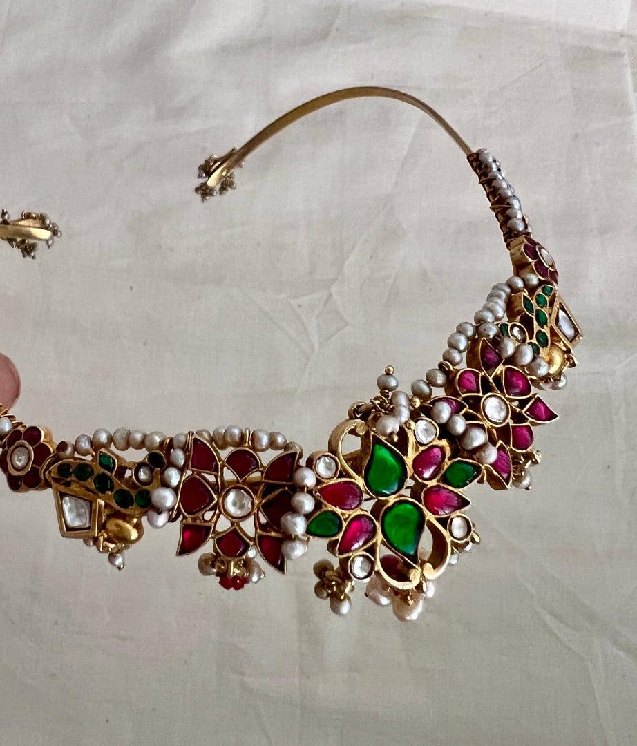 Antique style hasli with kundan, ruby & emerald pendant and pearls-Silver Neckpiece-CI-House of Taamara