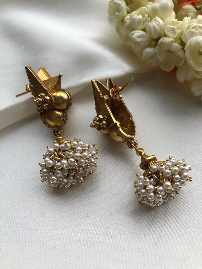 Antique style jhumkas with pearls bunch-Earrings-PL-House of Taamara
