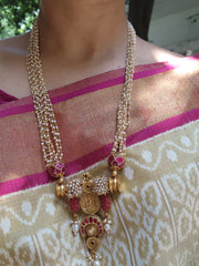 Antique style kasu & kundan jhumkas pendant with pearls bunch necklace-Silver Neckpiece-pl-House of Taamara