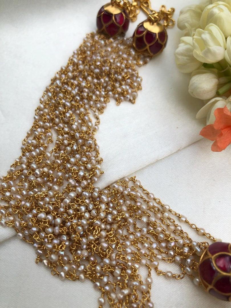Antique style kasu & kundan jhumkas pendant with pearls bunch necklace-Silver Neckpiece-pl-House of Taamara
