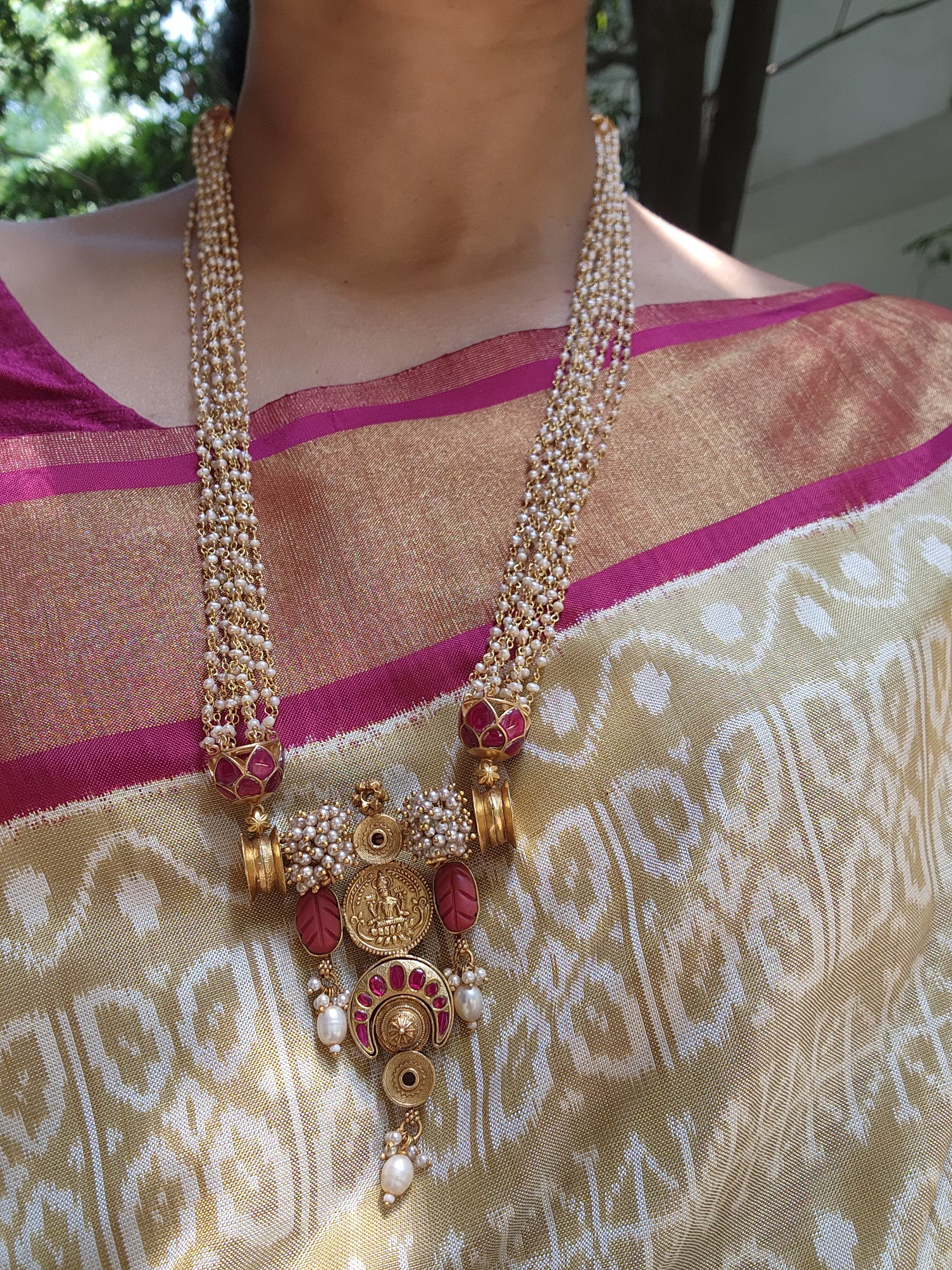 Antique style kasu & kundan jhumkas pendant with pearls bunch necklace-Silver Neckpiece-pl-House of Taamara