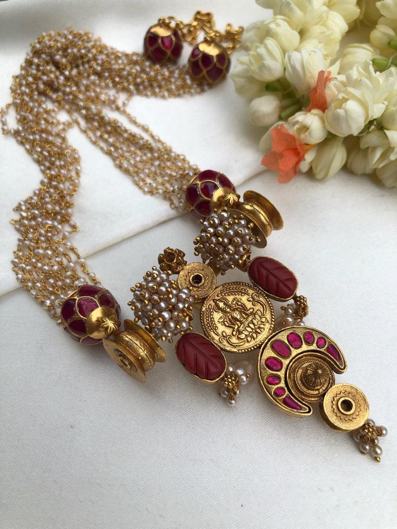 Antique style kasu & kundan jhumkas pendant with pearls bunch necklace-Silver Neckpiece-pl-House of Taamara
