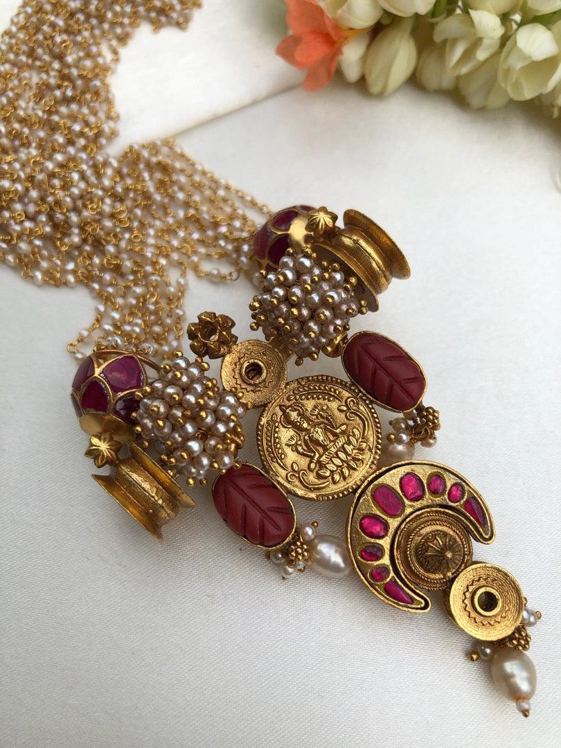 Antique style kasu & kundan jhumkas pendant with pearls bunch necklace-Silver Neckpiece-pl-House of Taamara