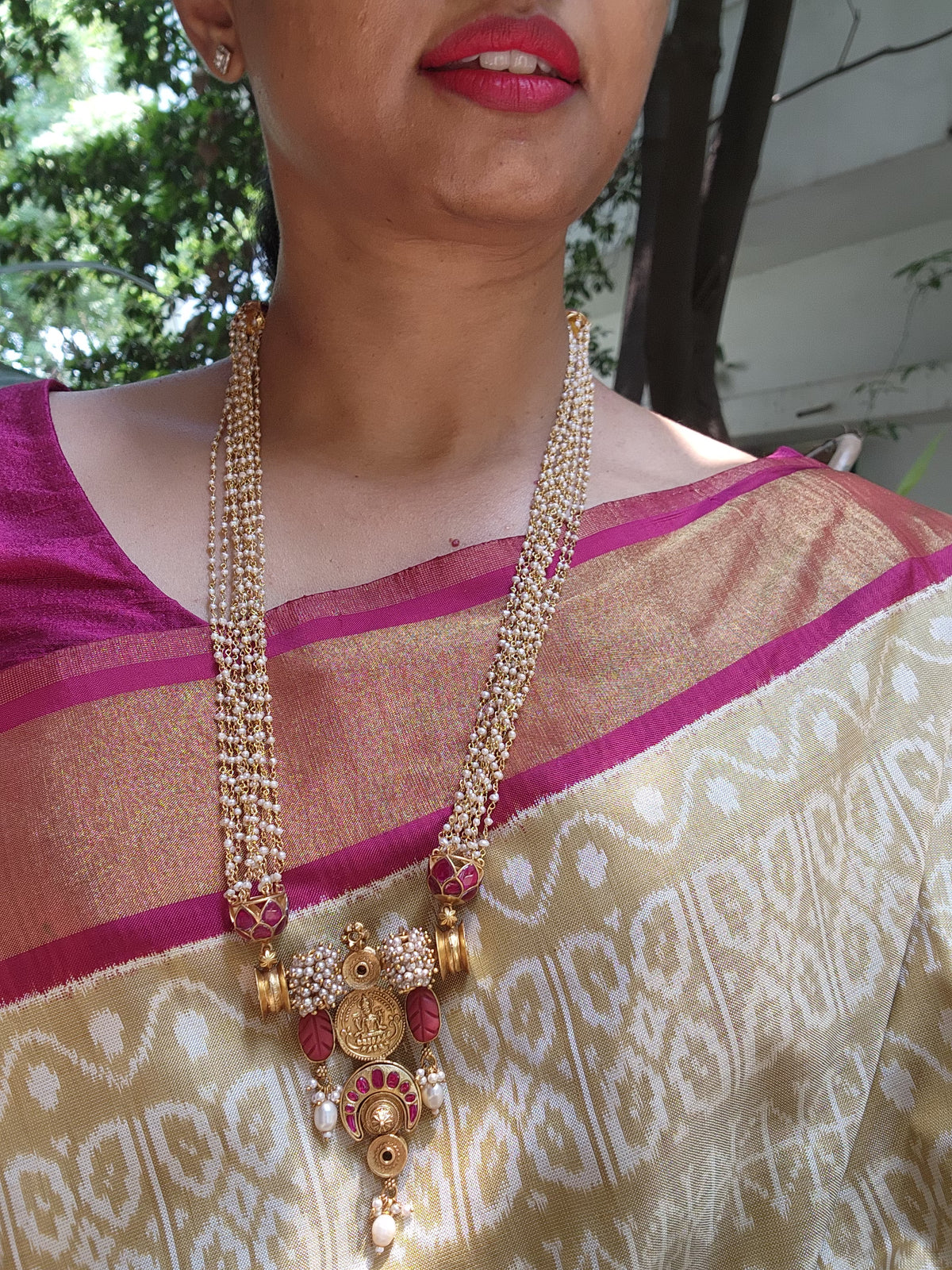Antique style kasu & kundan jhumkas pendant with pearls bunch necklace-Silver Neckpiece-pl-House of Taamara