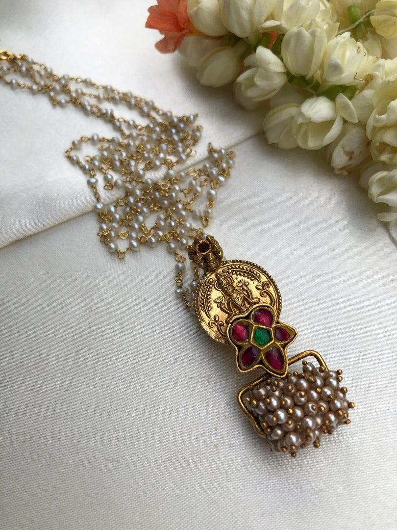 Antique style kasu pendant with kundan & pearls bunch-Silver Neckpiece-pl-House of Taamara