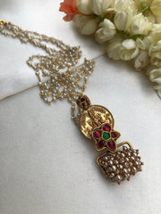 Antique style kasu pendant with kundan & pearls bunch-Silver Neckpiece-pl-House of Taamara