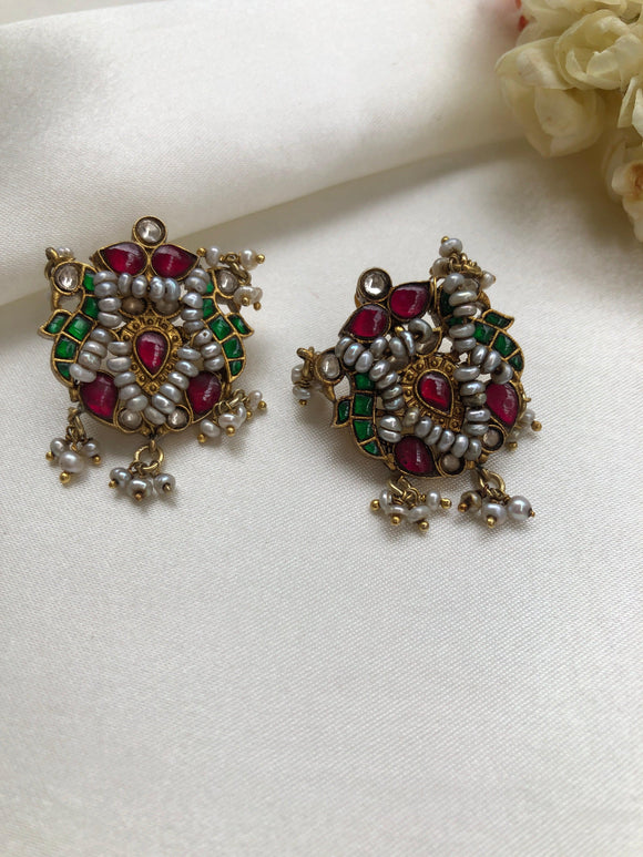 Antique style kundan and ruby green with pearls earrings-Earrings-PL-House of Taamara