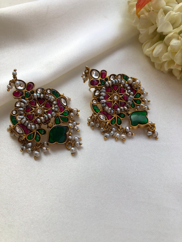 Antique style kundan and ruby with antique pearls earrings-Earrings-PL-House of Taamara