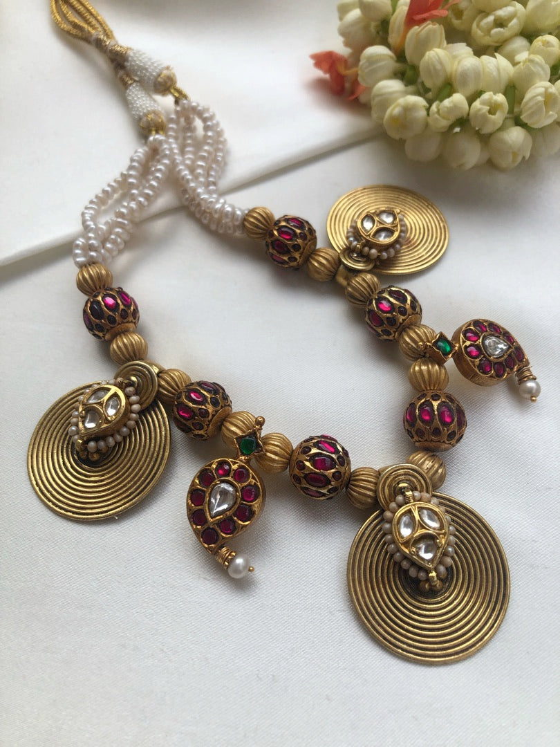 Antique style kundan beads with paisley round pendant with pearls necklace-Silver Neckpiece-PL-House of Taamara