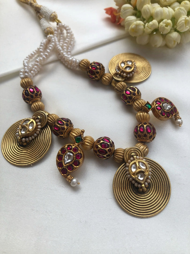 Antique style kundan beads with paisley round pendant with pearls necklace-Silver Neckpiece-PL-House of Taamara