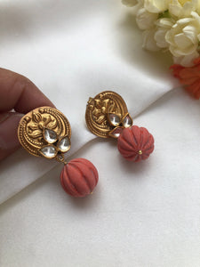 Antique style kundan earrings with coral pumpkin bead-Earrings-PL-House of Taamara