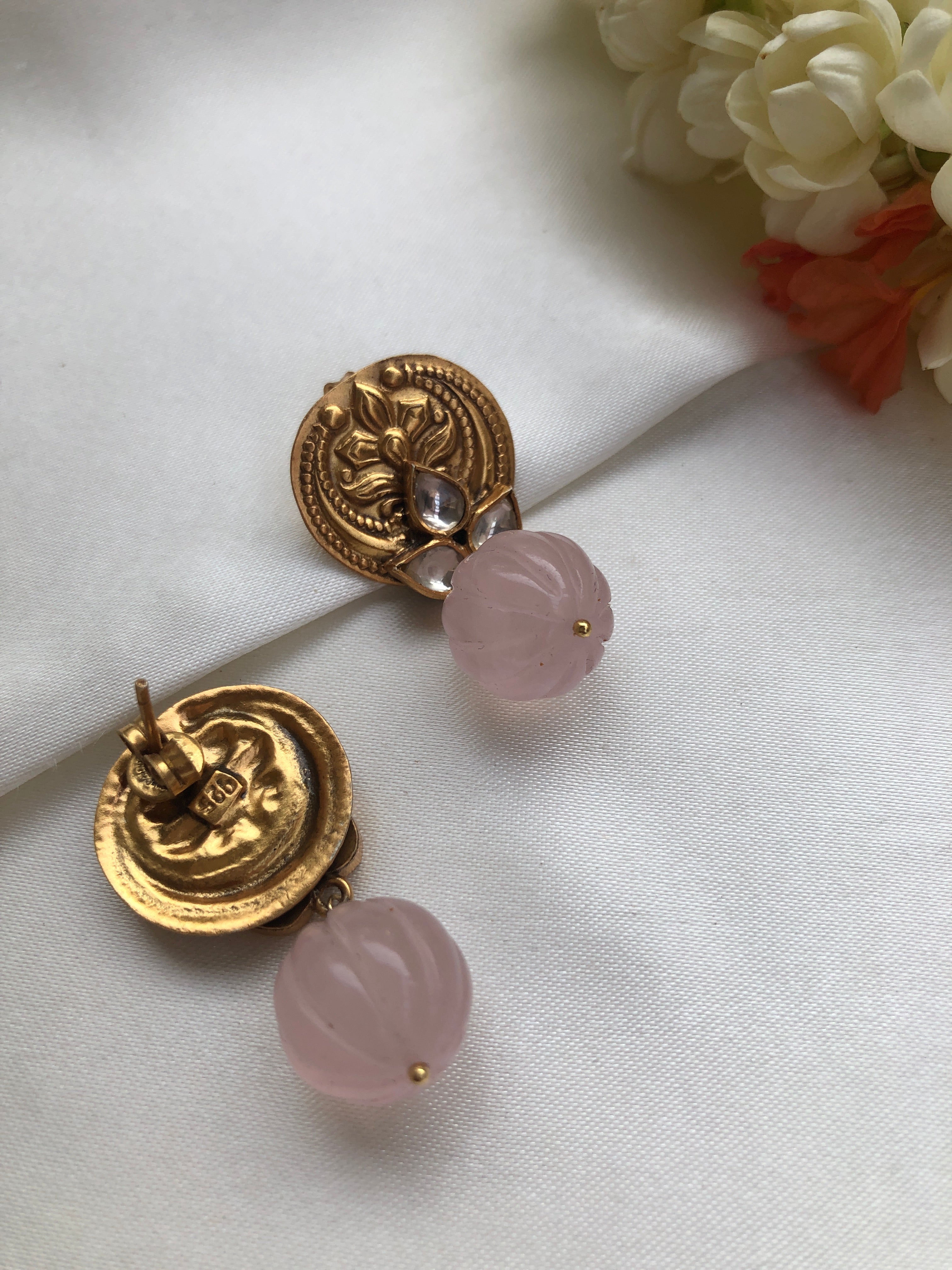 Antique style kundan earrings with rose quartz pumpkin bead-Earrings-PL-House of Taamara