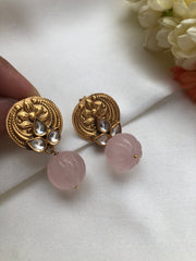 Antique style kundan earrings with rose quartz pumpkin bead-Earrings-PL-House of Taamara