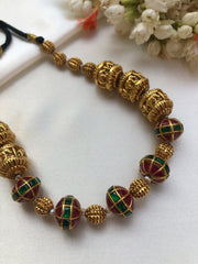 Antique style kundan green & ruby beads with cylindrical beads-Silver Neckpiece-PL-House of Taamara