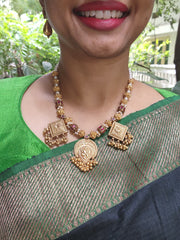 Antique style kundan necklace with pearls & antique beads-Silver Neckpiece-PL-House of Taamara