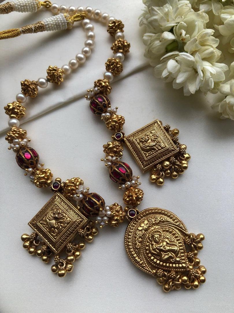 Antique style kundan necklace with pearls & antique beads-Silver Neckpiece-PL-House of Taamara