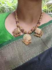 Antique style kundan necklace with pearls & antique beads-Silver Neckpiece-PL-House of Taamara