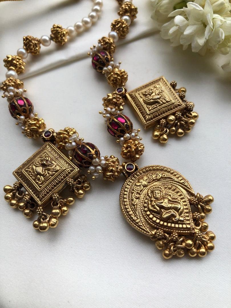 Antique style kundan necklace with pearls & antique beads-Silver Neckpiece-PL-House of Taamara