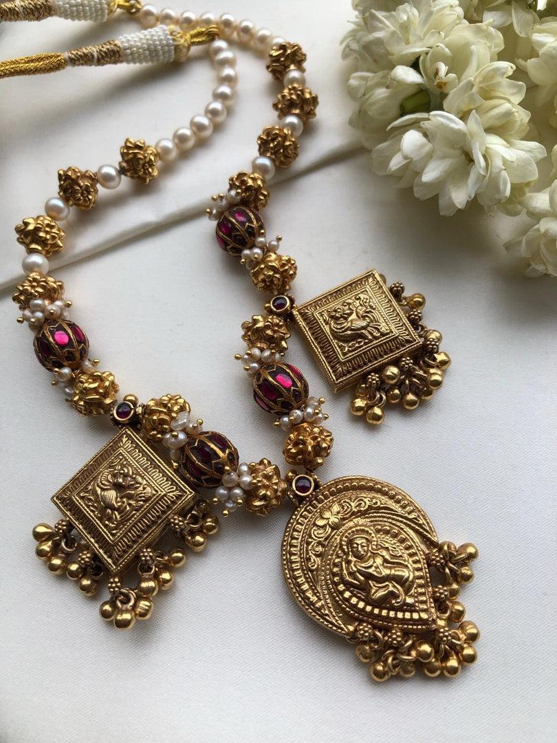 Antique style kundan necklace with pearls & antique beads-Silver Neckpiece-PL-House of Taamara