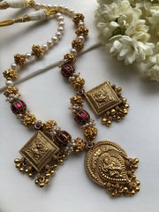 Antique style kundan necklace with pearls & antique beads-Silver Neckpiece-PL-House of Taamara