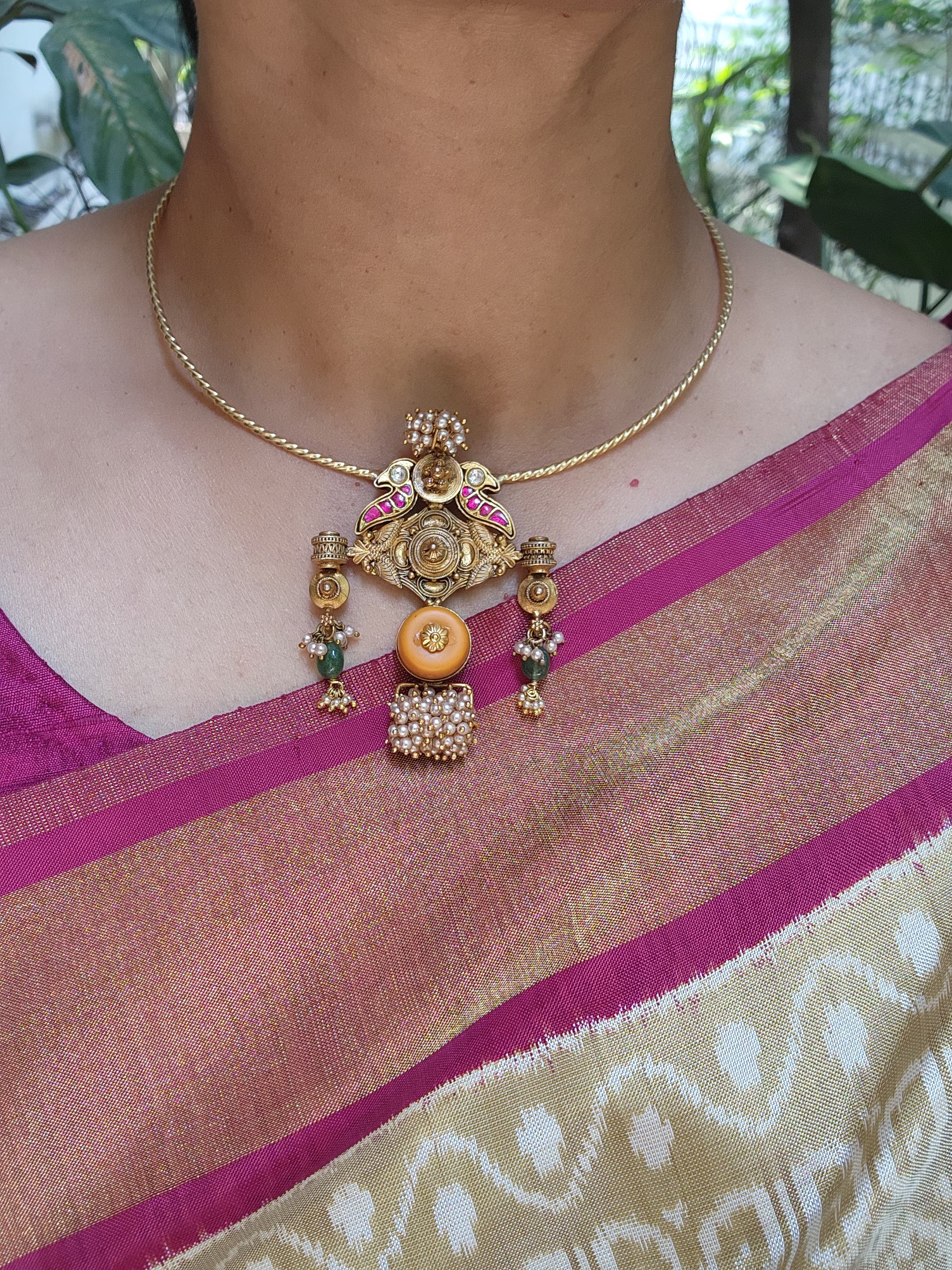 Antique style kundan, peacock and coral pendant with hasli-Silver Neckpiece-pl-House of Taamara