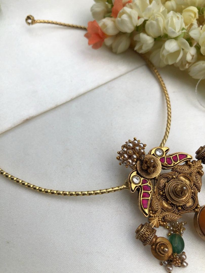 Antique style kundan, peacock and coral pendant with hasli-Silver Neckpiece-pl-House of Taamara