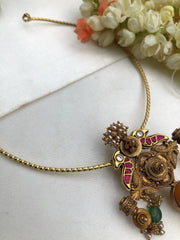 Antique style kundan, peacock and coral pendant with hasli-Silver Neckpiece-pl-House of Taamara