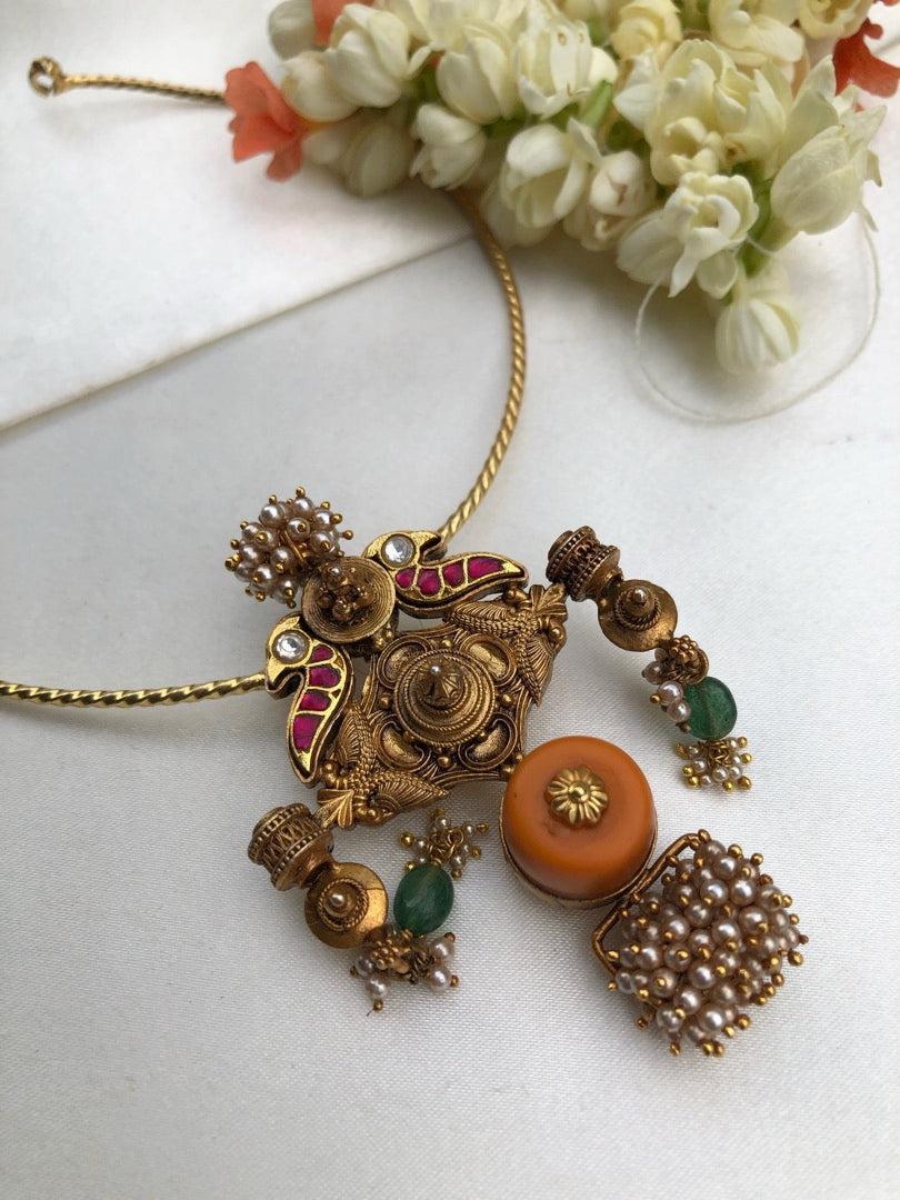 Antique style kundan, peacock and coral pendant with hasli-Silver Neckpiece-pl-House of Taamara