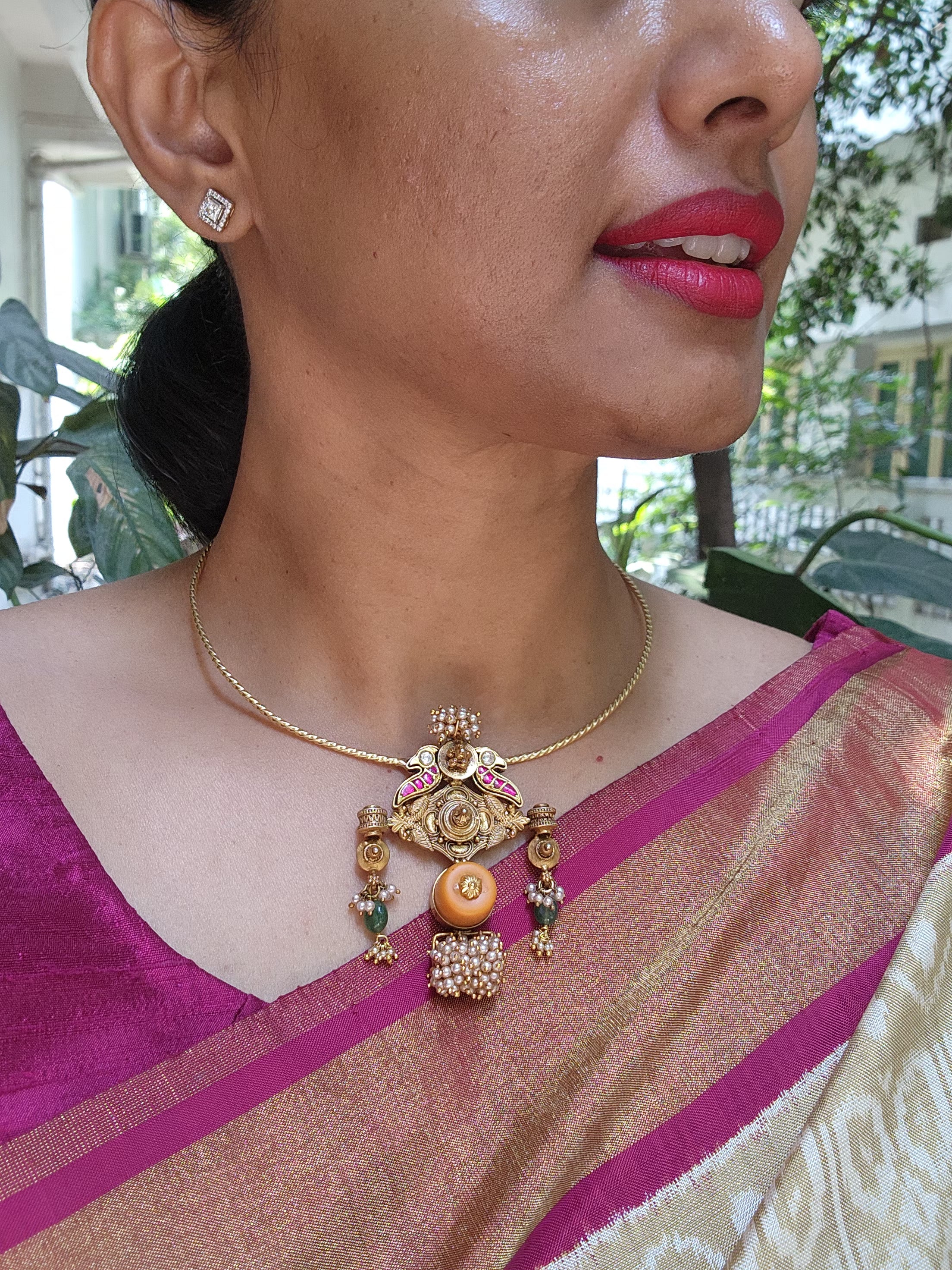 Antique style kundan, peacock and coral pendant with hasli-Silver Neckpiece-pl-House of Taamara