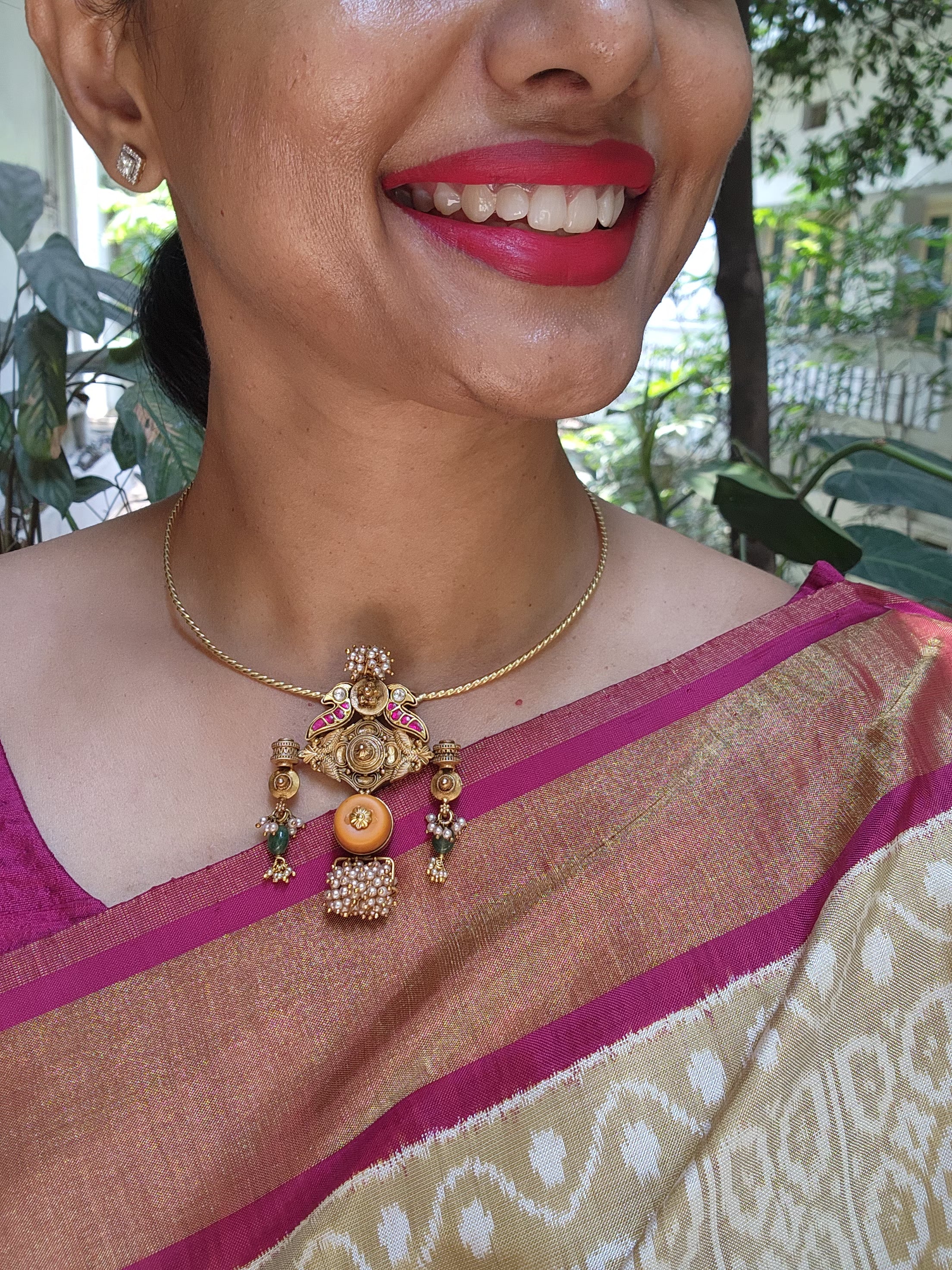 Antique style kundan, peacock and coral pendant with hasli-Silver Neckpiece-pl-House of Taamara