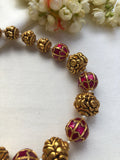 Antique style kundan, pearl & antique polish beads-Silver Neckpiece-PL-House of Taamara