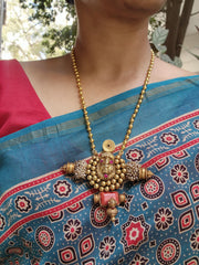 Antique style laxmi nagru pendant with gold polish mohan mala-Silver Neckpiece-PL-House of Taamara